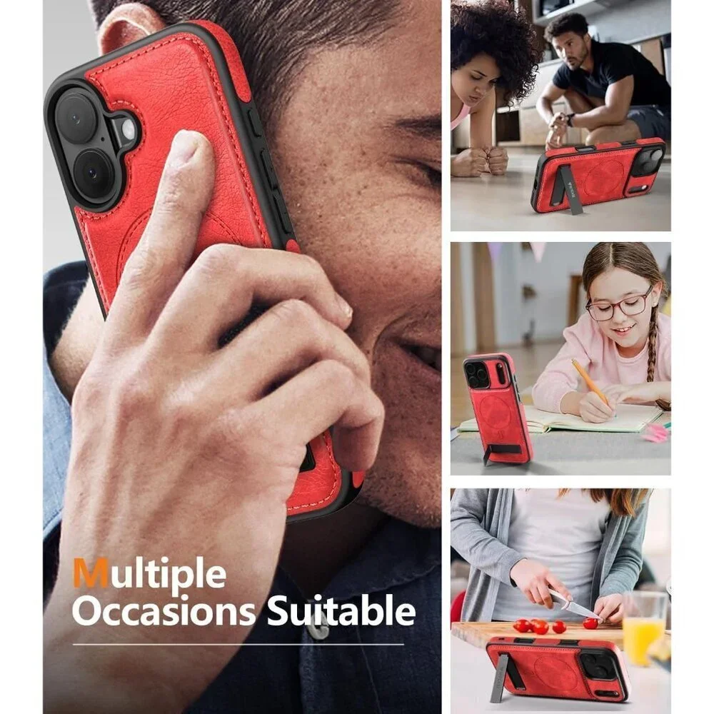 Red Iphone 17 Pro Max Invisible Stand Protective Slim Kickstand Leather Case